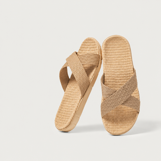 Linen House Slippers for Women Men, Breathable Cross Strap Indoor Outdoor Slides with Non Slip Rubber Sole