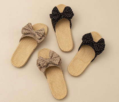Women’s Linen Bow Slides – Breathable Cushioned Summer Slippers
