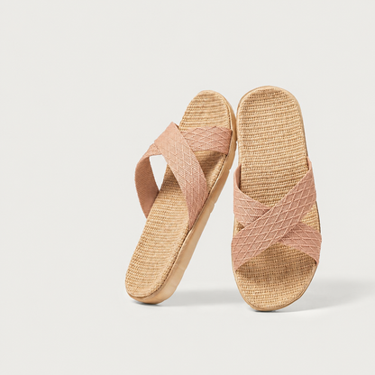 Linen House Slippers for Women Men, Breathable Cross Strap Indoor Outdoor Slides with Non Slip Rubber Sole