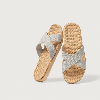 Linen House Slippers for Women Men, Breathable Cross Strap Indoor Outdoor Slides with Non Slip Rubber Sole